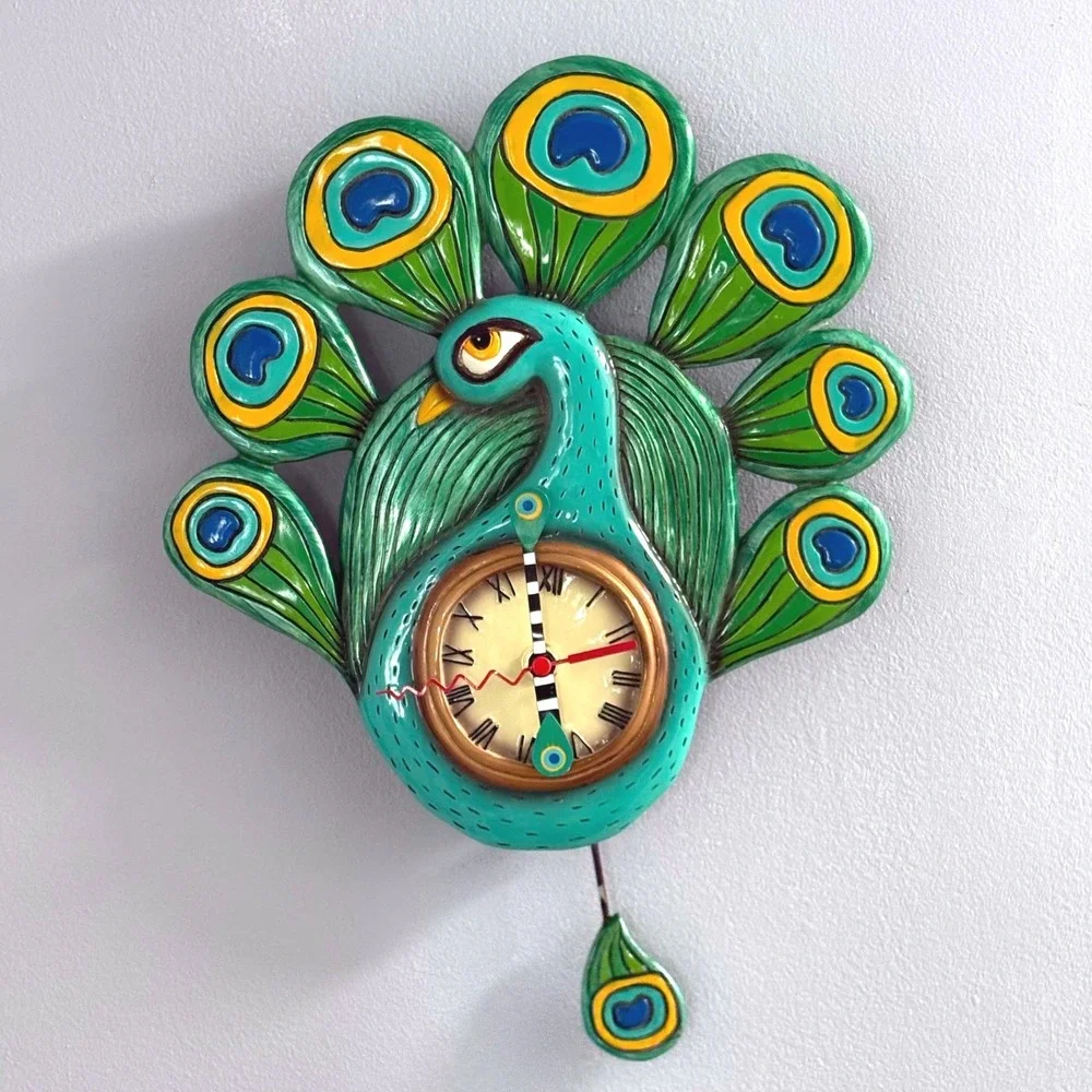 Allen Designs Peacock Pendulum Wall Clock Whimsical Teal‎ Resin Bird Timepiece